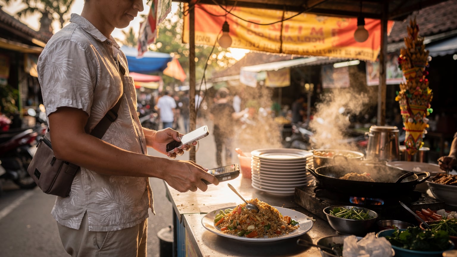 A traveler in a bustling food stall area of Sanur, Bali, attempting to pay for their Nasi Goreng with a digital payment app on their smartphone, highlighting the importance of mobile data.