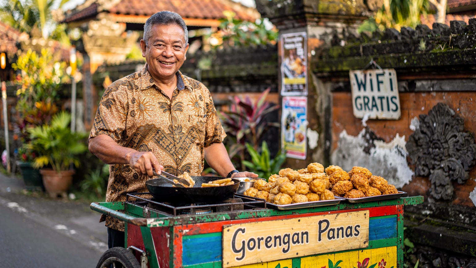 A street vendor in Ubud, Bali, selling local snacks like 'gorengan' (fried foods) from a traditional cart, with a small sign advertising 'WiFi Gratis' (Free WiFi) in the background, showing the typical connectivity options available.
