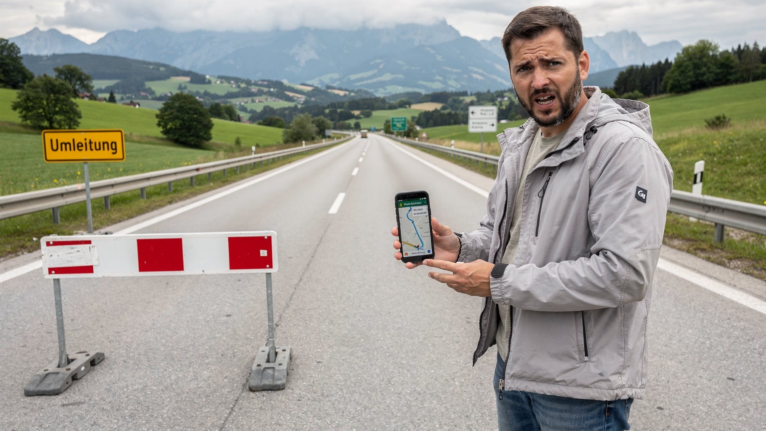 Ein Reisender steht mit ratlosem Blick vor einer Absperrung und einem Umleitungsschild auf einer leeren Autobahn in Österreich, seine Hände halten ein Smartphone, das eine gesperrte Route anzeigt.