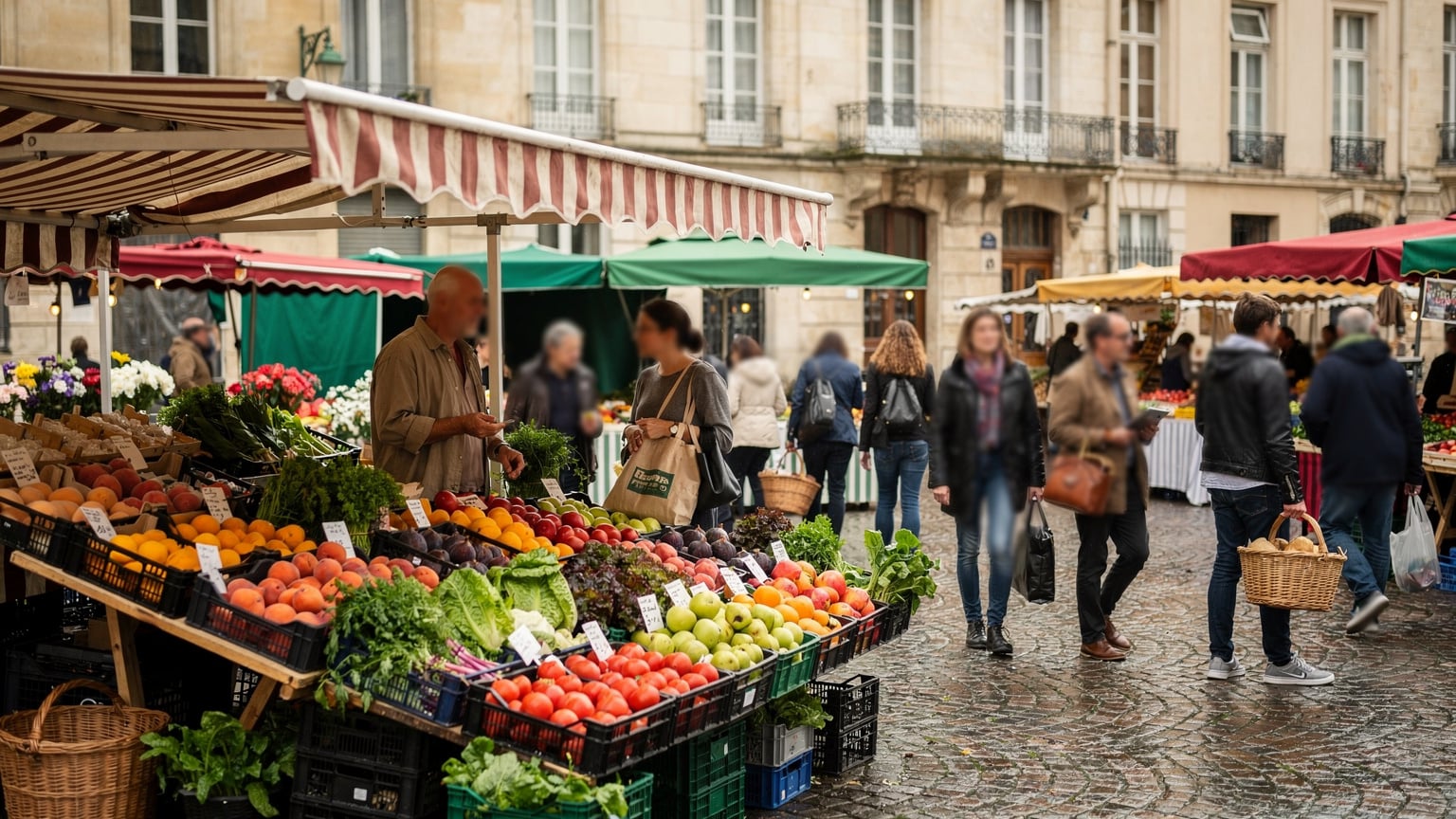 Ein belebter Wochenmarkt in einem Vorort von Lyon, Frankreich, mit einem Obststand im Vordergrund und Einheimischen, die zwischen den Ständen schlendern, unter einem leicht bewölkten Himmel.