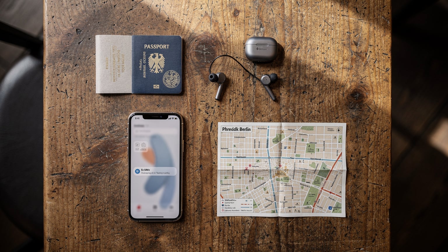 Ein Reisepass, ein Smartphone mit einer eSIM-Profilanzeige, In-Ear-Kopfhörer und ein gefalteter Stadtplan liegen nebeneinander auf einem hölzernen Cafétisch in Berlin, bereit für die Reiseplanung.