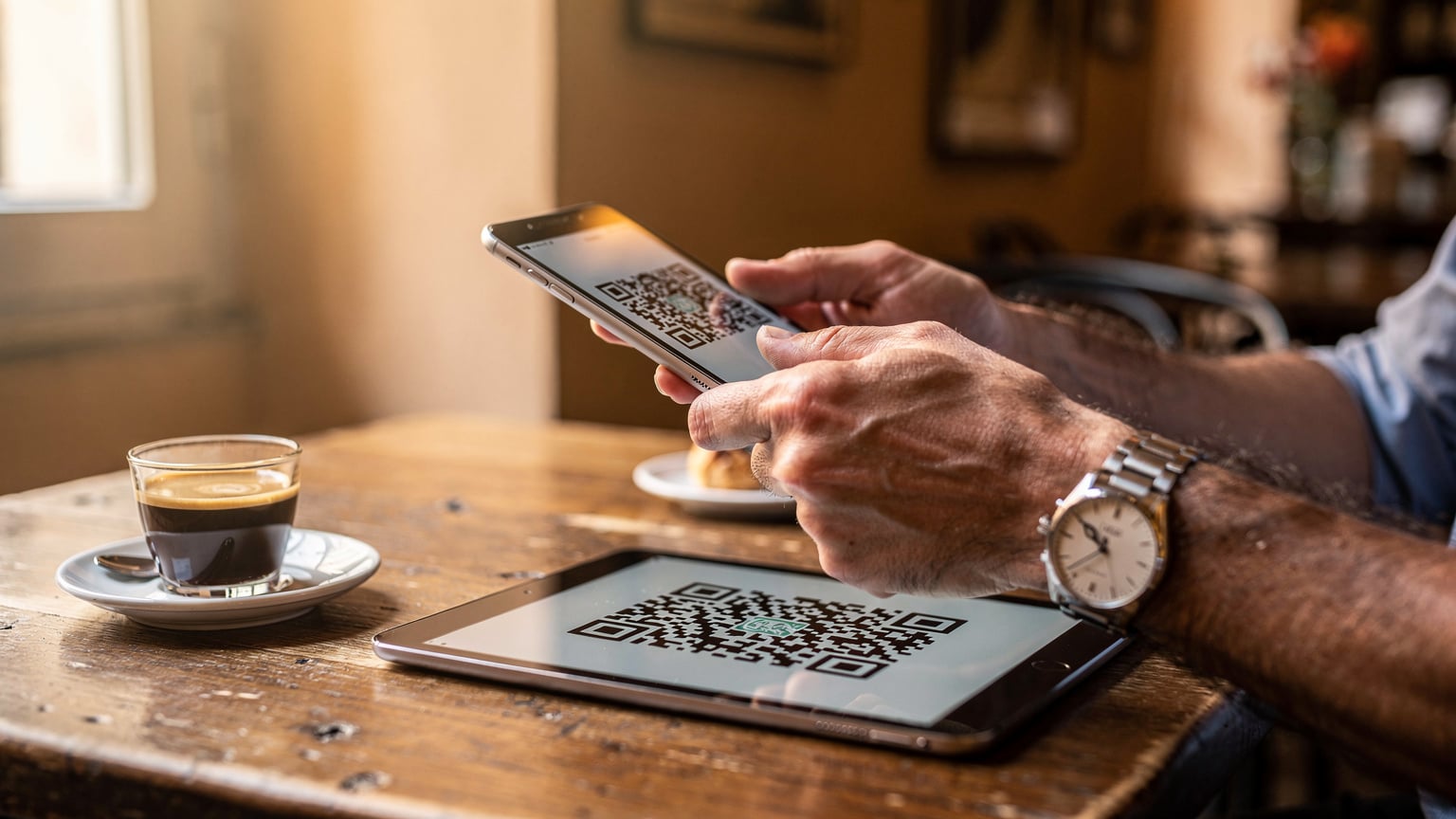 Nahaufnahme der Hände eines Mannes, der in einem Café in Neapel, Italien, einen QR-Code von einem Tablet auf sein Smartphone scannt, um eine eSIM zu aktivieren, während ein Glas Espresso daneben steht.