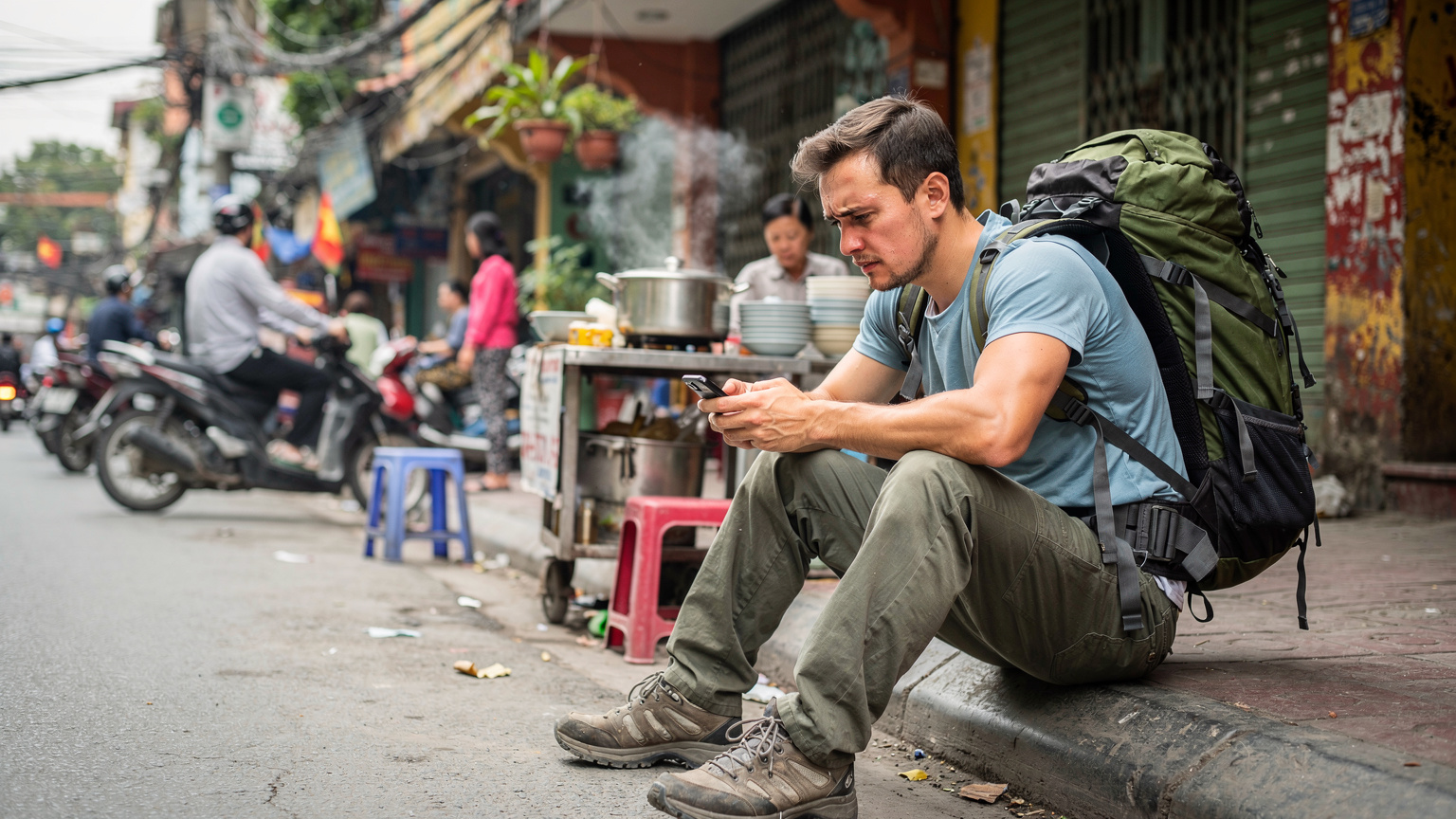 Een backpacker zit op de stoep van een drukke straat in Hanoi, Vietnam, en kijkt met een licht bezorgde uitdrukking naar het scherm van een smartphone. Op de achtergrond is een levendige straatmarkt te zien met verkopers en voorbijrijdende motorfietsen.