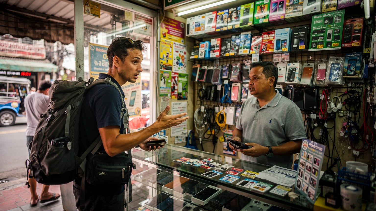 Een rugzakreiziger met een verwarde blik probeert in een drukke, kleurrijke telefoonwinkel in het centrum van Bangkok een lokale simkaart te kopen. De winkel is vol met Thaise teksten en advertenties.