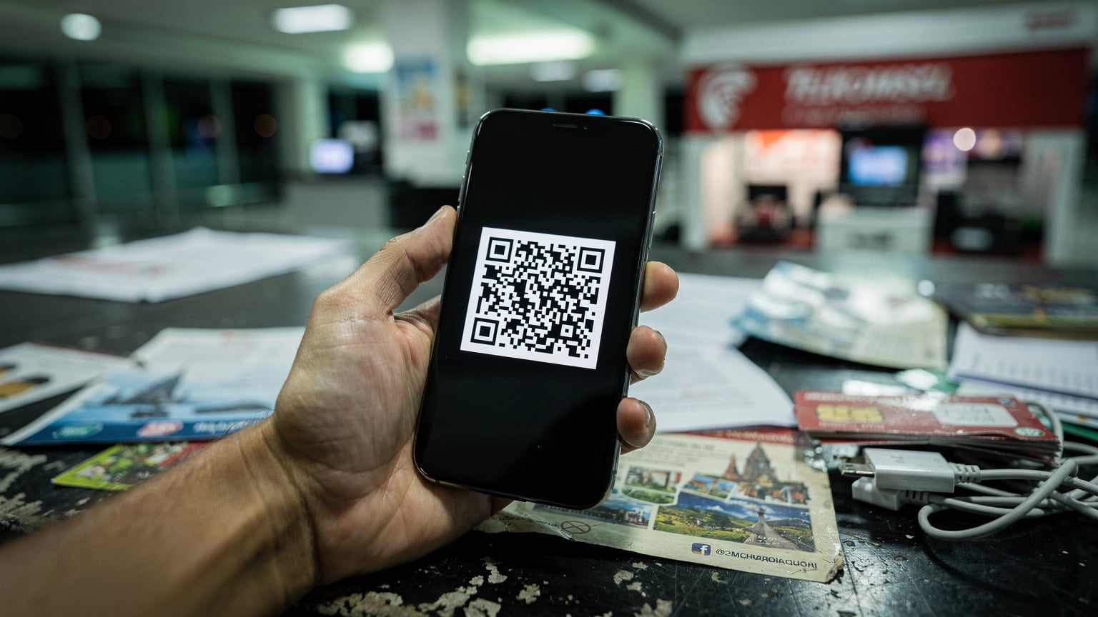 A close-up shot of a hand holding a smartphone, with a Telkomsel QR code visible on the screen, ready for scanning at a dimly lit airport counter in Bali.