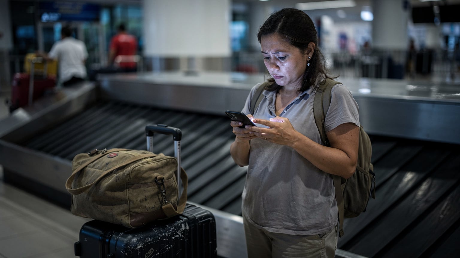 A traveller looking frustrated at their phone screen in a dimly lit, slightly chaotic corner of Ngurah Rai International Airport (DPS) in Bali, surrounded by luggage.