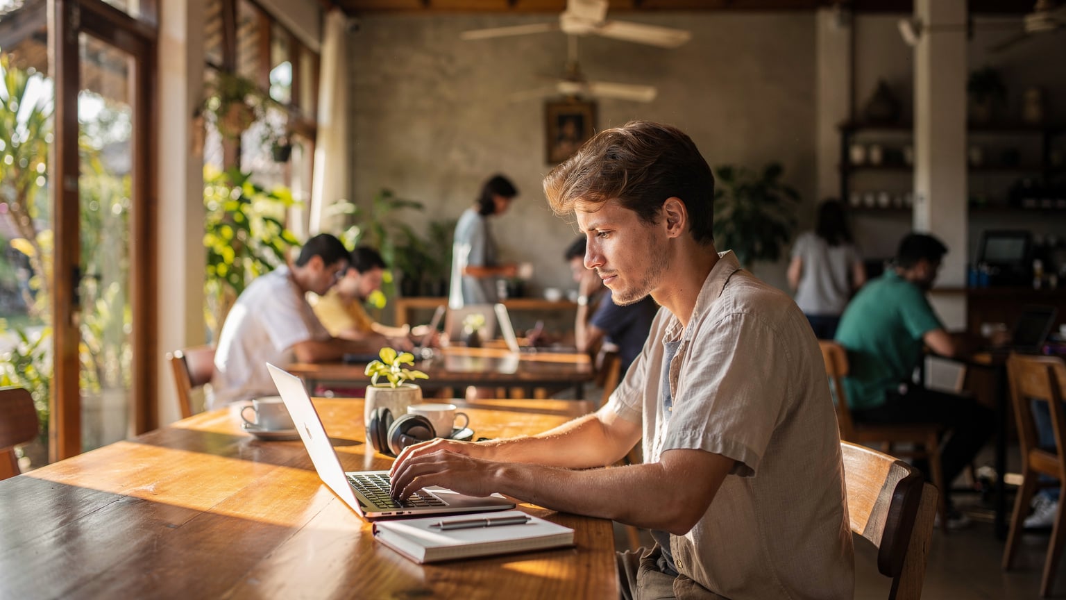 A digital nomad working on a laptop at a busy coworking space in Ubud, Bali, with other remote workers in the background, capturing the vibrant atmosphere.