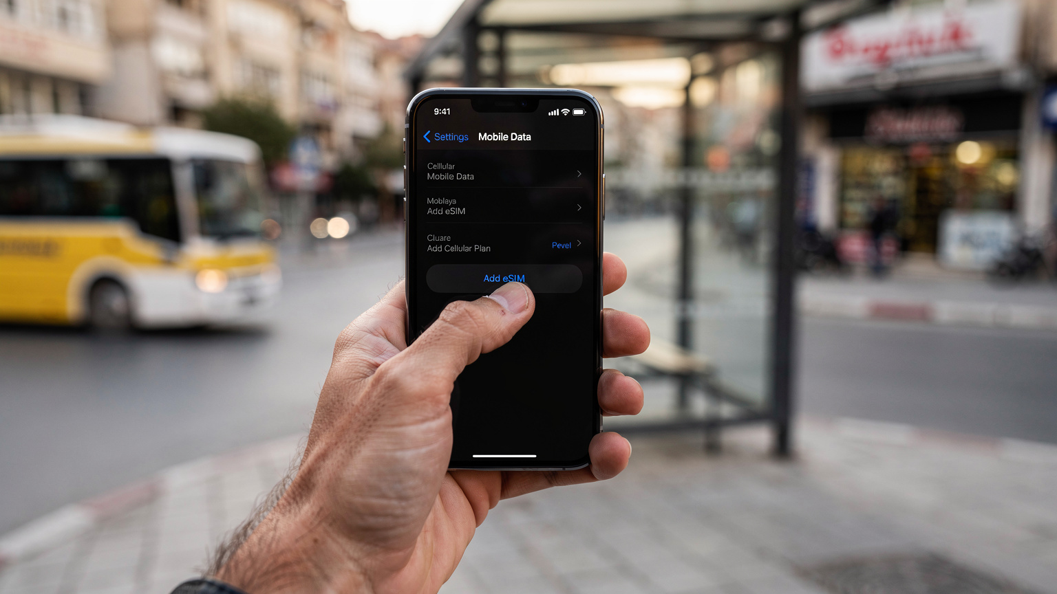 Antalya'daki bir otobüs durağında, bir el cep telefonunda eSIM ayarları menüsünü kaydırırken görülüyor. Parmak, 'hücresel plan ekle' seçeneğini işaret ediyor.