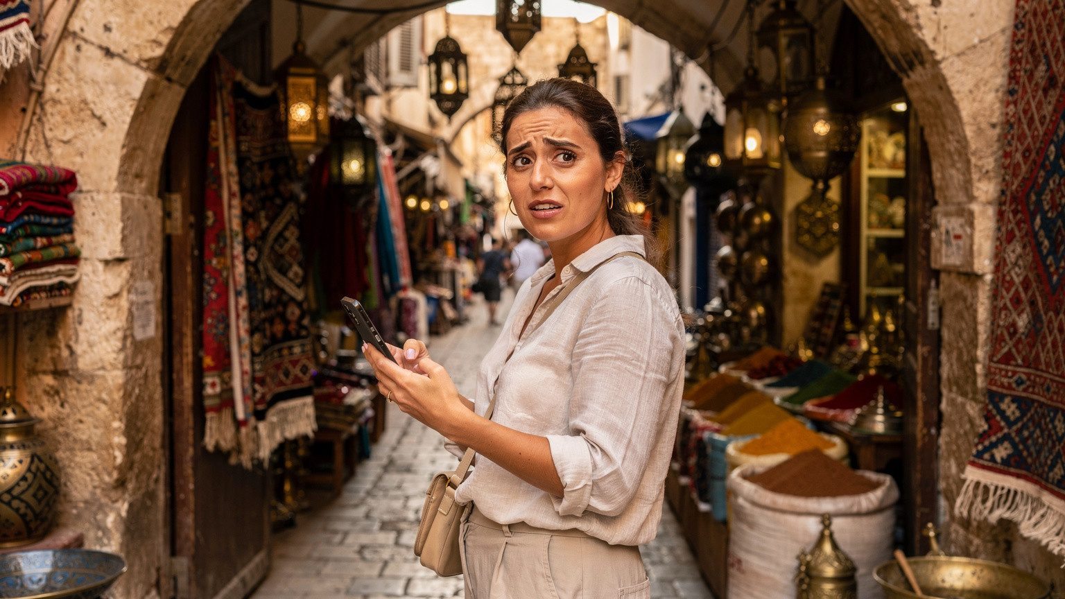 Une femme, l'air un peu perplexe, regarde son smartphone à l'entrée d'un souk traditionnel de Tunis, avec des textiles colorés et des lanternes en arrière-plan. Elle semble chercher son chemin ou une information.