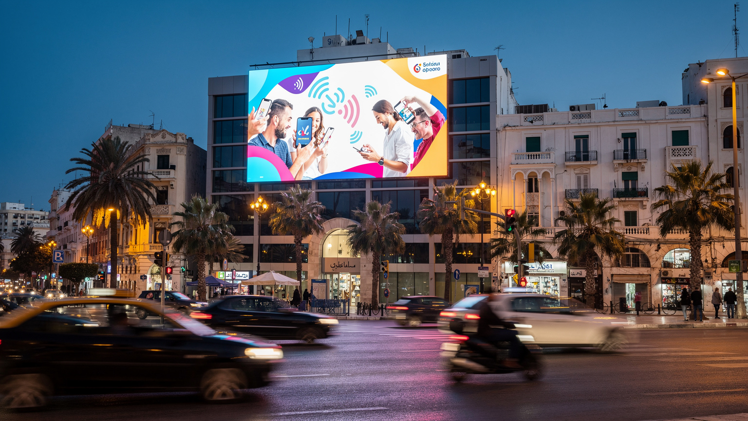 Un panneau d'affichage numérique publicitaire pour un opérateur mobile tunisien, avec des textes en arabe et en français, situé dans une rue animée de Tunis. Des véhicules passent au premier plan, créant un effet de mouvement flou.