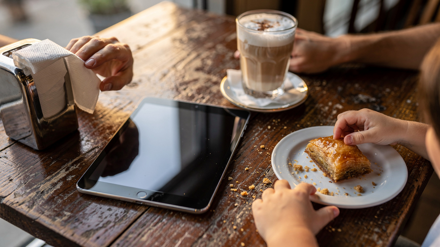 Χέρια γονέα να κρατούν tablet με την οθόνη σβηστή σε τραπέζι καφέ