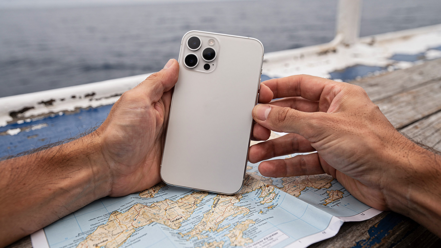 Χέρια ταξιδιώτη να κρατούν το iPhone 15 Pro Max πάνω από χάρτη στο κατάστρωμα του πλοίου, με τη θάλασσα του Αιγαίου στο φόντο, χωρίς ορατό κείμενο στην οθόνη.