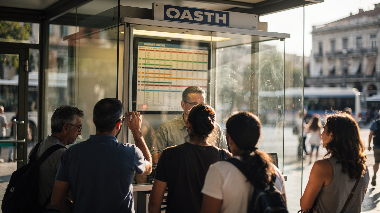 Ταμείο εισιτηρίων του ΟΑΣΘ στη Θεσσαλονίκη, με κόσμο να περιμένει στην ουρά και μια ταμπέλα με τα δρομολόγια των λεωφορείων στο βάθος.