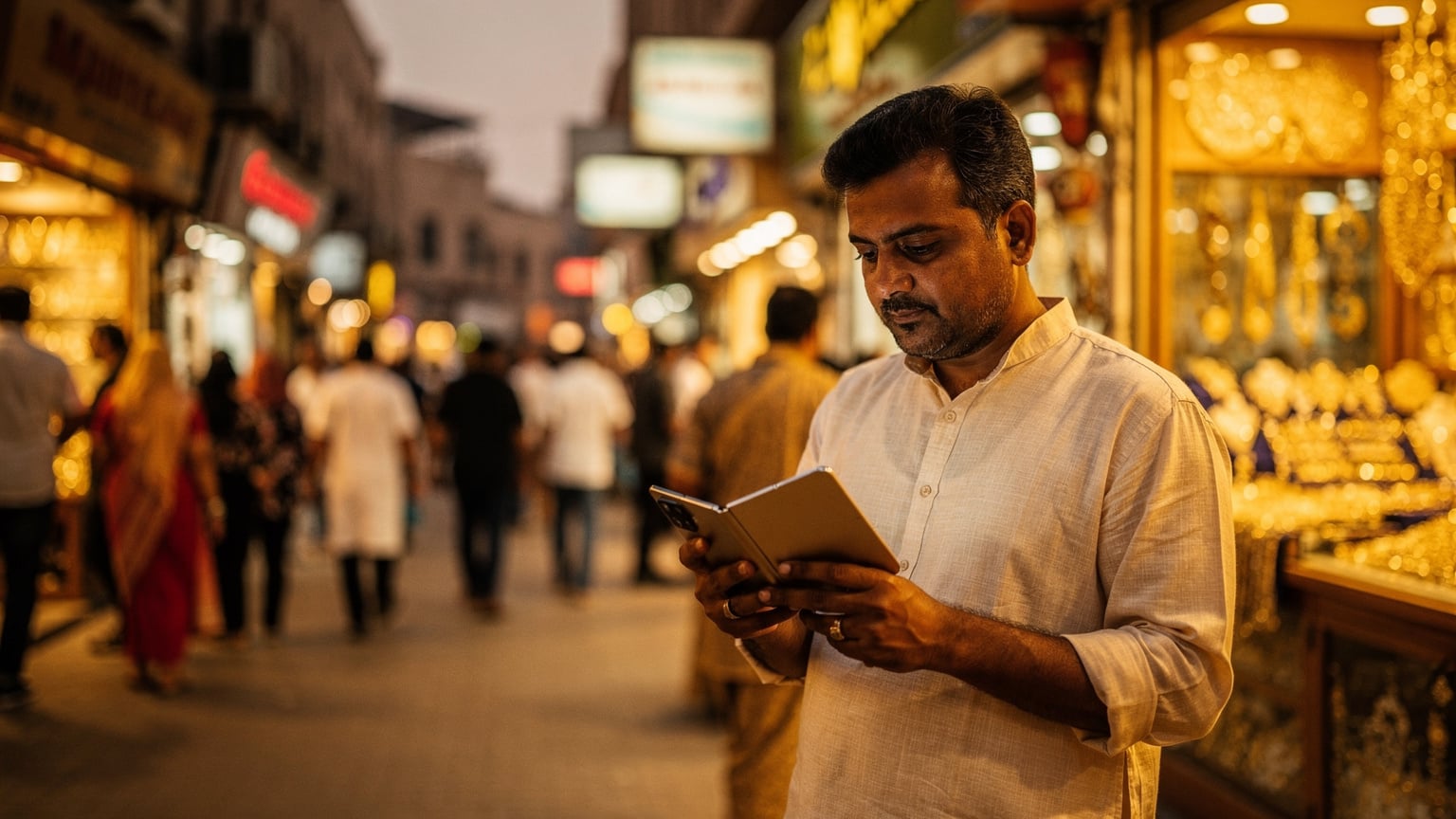 दुबई के दीरा बाज़ार में शाम की रोशनी में एक भारतीय पर्यटक सड़क किनारे खड़े होकर अपने फोन पर कुछ देख रहा है, पृष्ठभूमि में सोने की दुकानें और भीड़