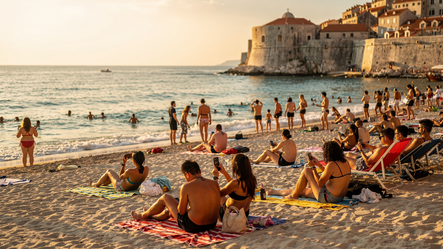 Banje Beach, Dubrovnik, Croatia, during peak season, with diverse tourists and Old Town walls in background.