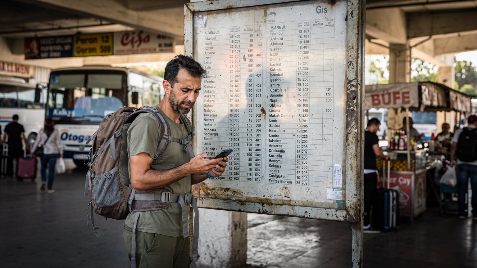 Ein Reisender steht mit seinem Smartphone in der Hand vor einem traditionellen türkischen Busbahnhof in Istanbul und scheint verwirrt auf eine Anzeige zu schauen. Die Stimmung ist leicht frustriert, mit weichem Morgenlicht, das durch die offene Halle fällt.