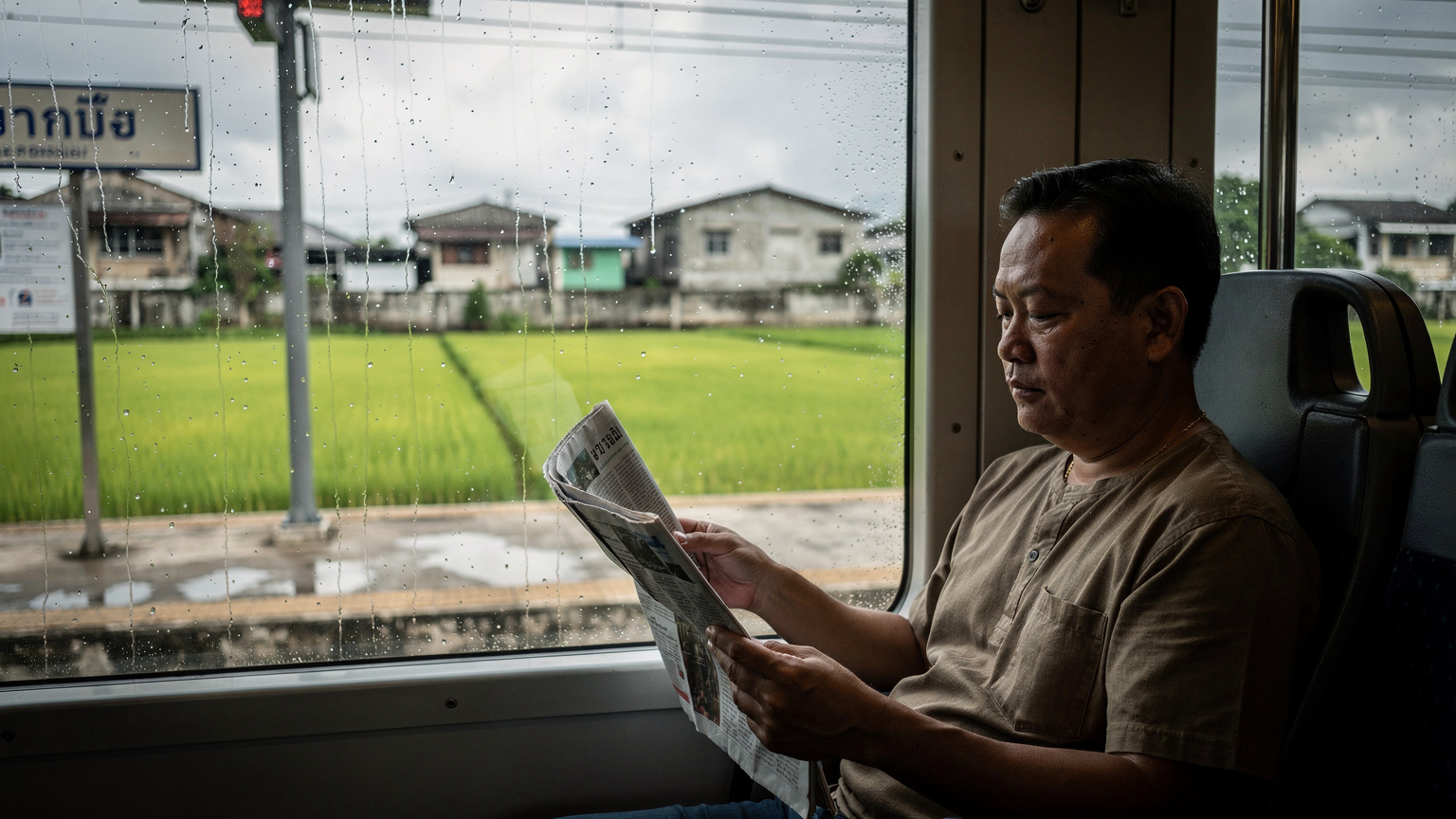 Pemandangan sawah padi dan bangunan konkrit dari kereta api komuter di pinggir Bangkok, hujan renyai membasahi kaca tingkap