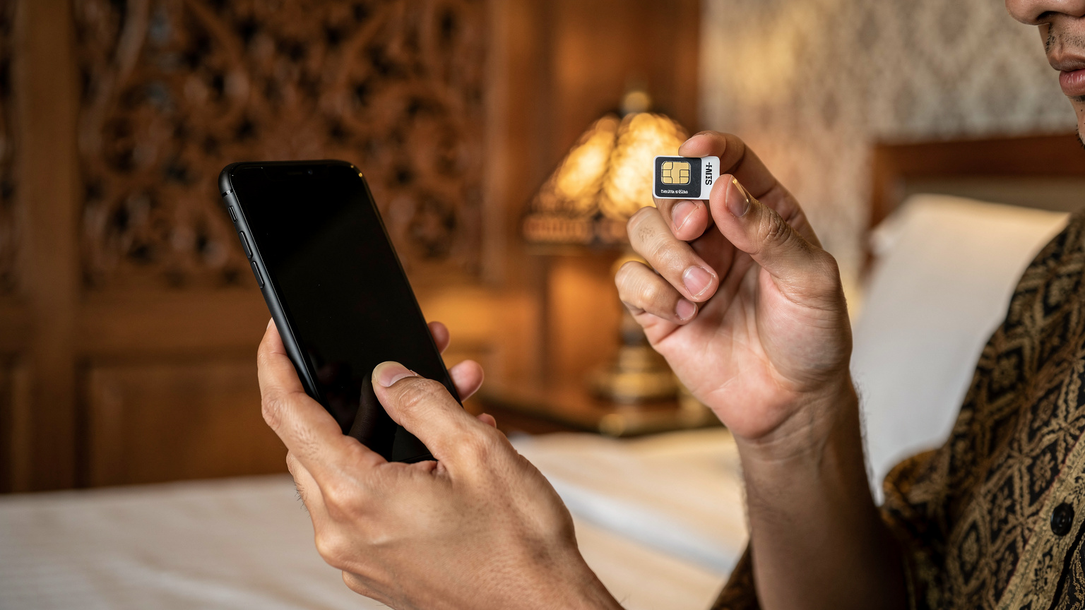 Tangan pengembara memegang telefon sambil melambai kad SIM fizikal lama, simbol peralihan kepada eSIM digital