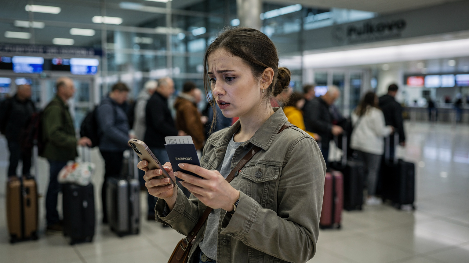 Девушка в аэропорту Пулково смотрит в телефон, очередь на регистрацию