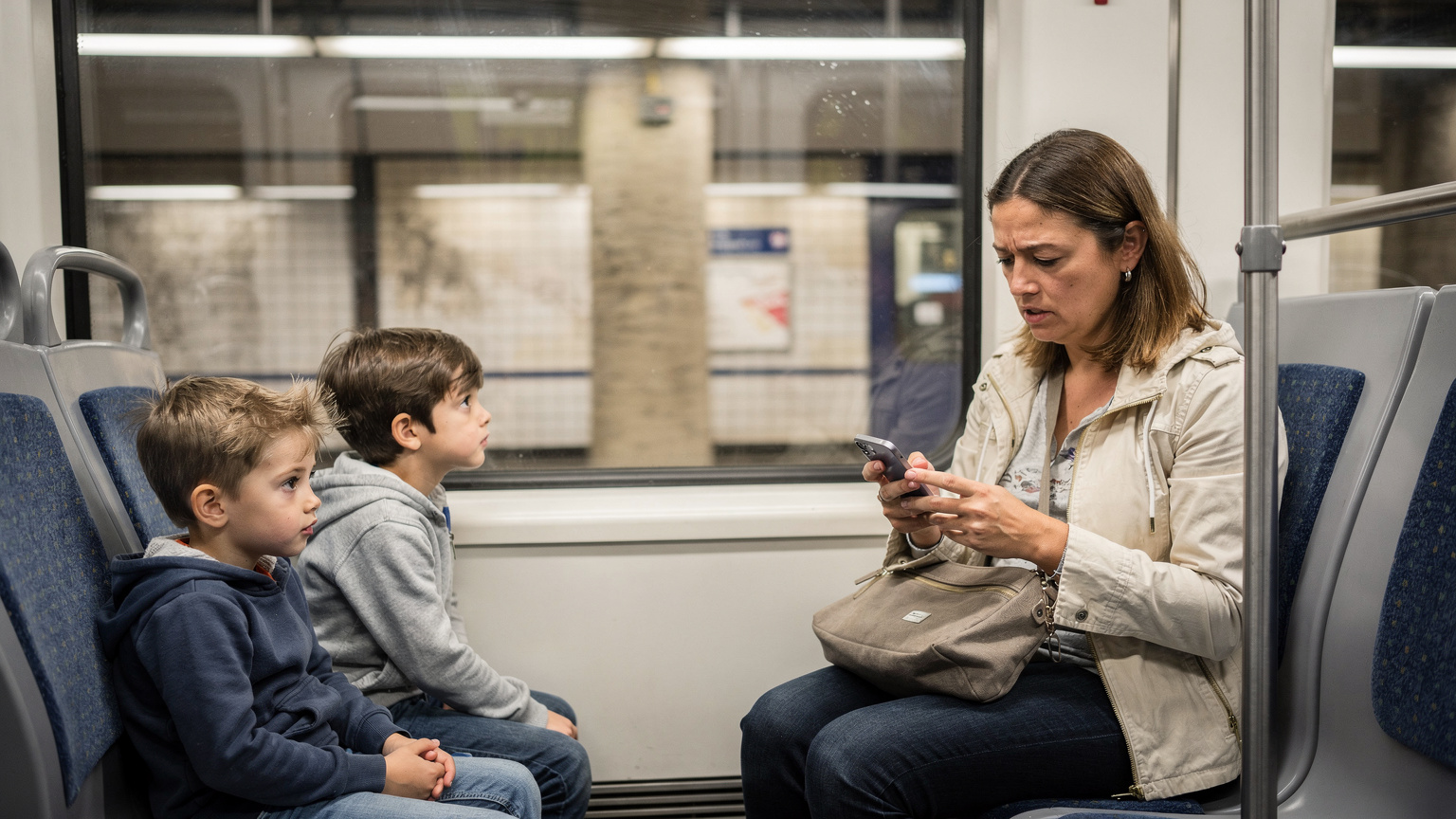 Paris'in hareketli bir metro istasyonunda, bir anne elinde telefonunu tutarken, iki çocuğu trenin penceresinden dışarı bakıyor. Anne, çocuklarının telefonlarındaki bağlantısını kontrol ediyor gibi görünüyor, hafif endişeli bir ifadeyle.