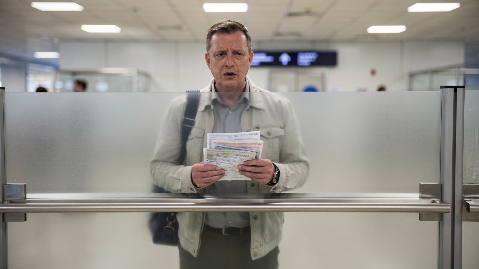 Ein Reisender steht mit einem fragenden Ausdruck vor einem undurchsichtigen Schalter am Flughafen, während er versucht, eine lokale SIM-Karte zu registrieren, mit Papieren in der Hand.