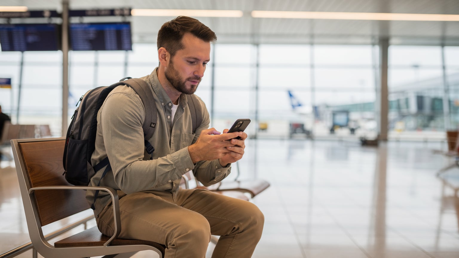 Ein Reisender sitzt auf einer Bank in einer modernen Flughafenterminalhalle, konzentriert auf sein Smartphone blickend, während er die eSIM-Installation vor dem Abflug abschließt.
