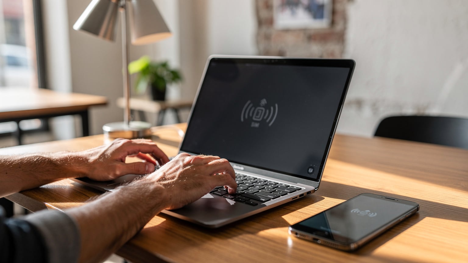 Nahaufnahme der Hände eines Reisenden, der im Co-Working Space „Impact Hub Roma Norte“ in Mexiko-Stadt an einem Laptop arbeitet, daneben liegt ein Smartphone, das ein aktives eSIM-Profil anzeigt.