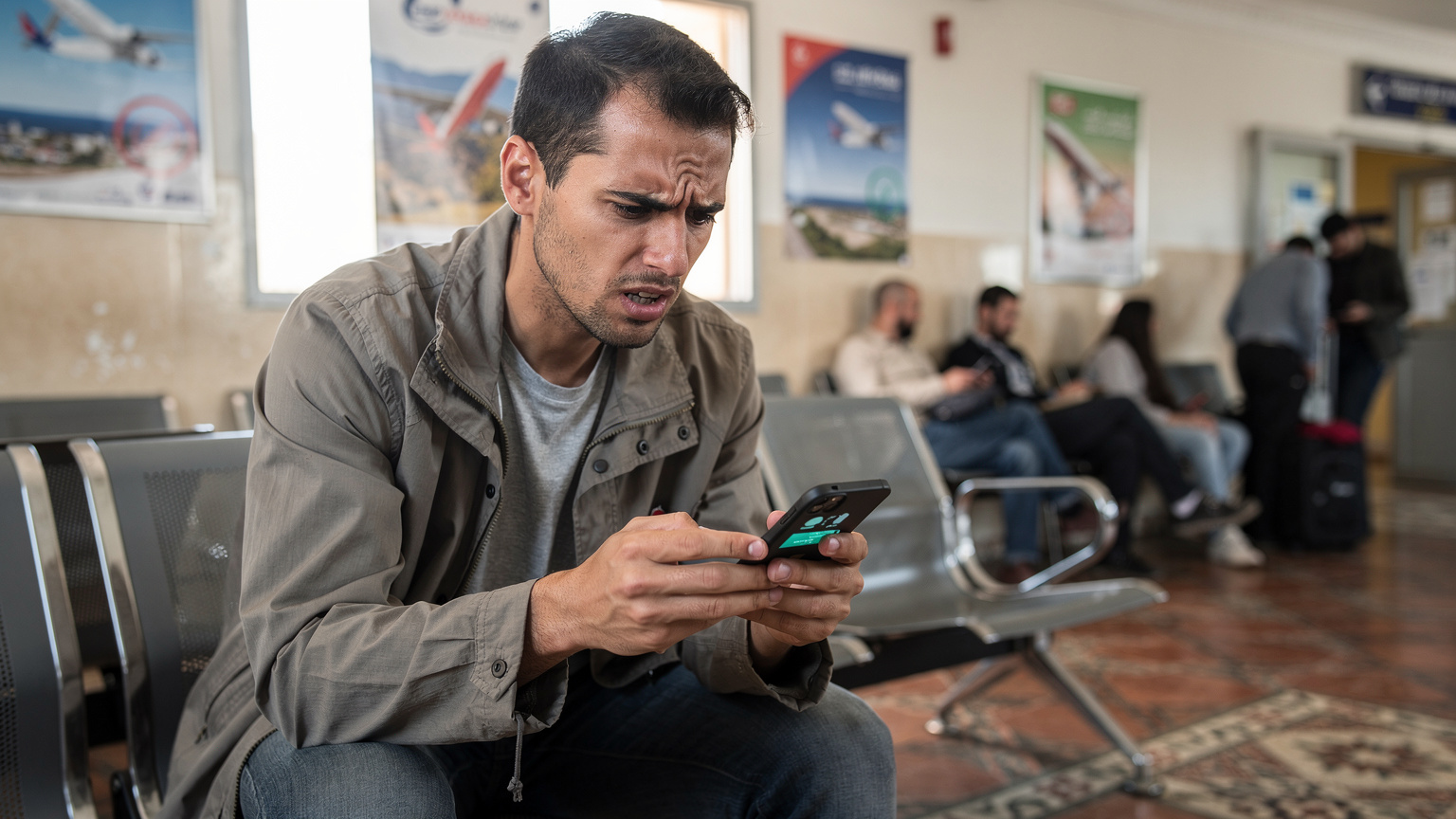 Un voyageur regarde son téléphone avec une expression préoccupée, l'écran affichant une erreur de connexion, dans le hall d'un petit aéroport marocain avec des affiches de compagnies aériennes locales en arrière-plan.