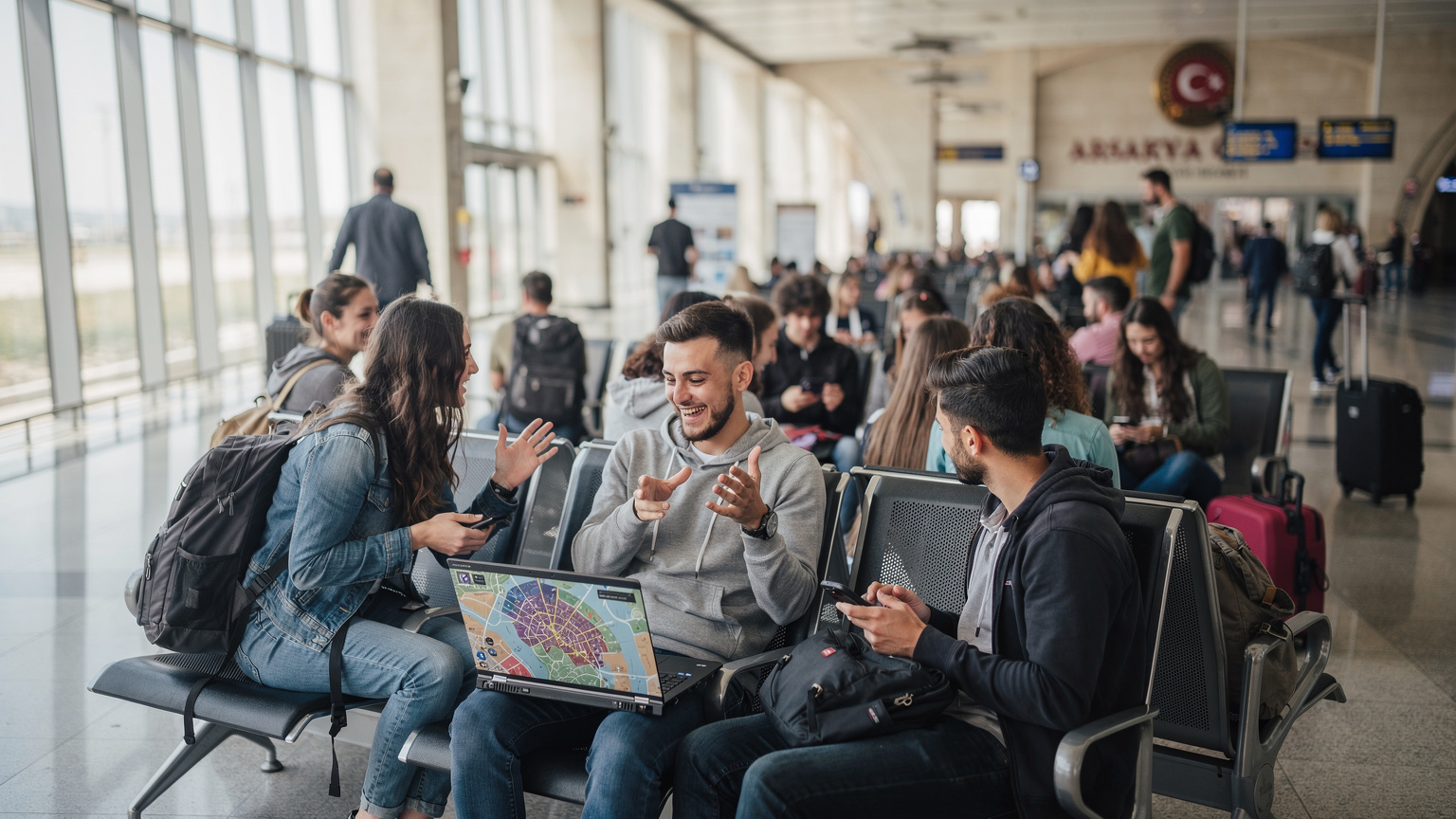 Yoğun bir tren istasyonu bekleme salonunda, bir grup arkadaşın ortasında oturan bir kişinin kucağında açık bir dizüstü bilgisayar var, ekranda harita uygulaması açık. Etraflarındaki diğer insanlar sohbet ediyor veya telefonlarıyla ilgileniyor.