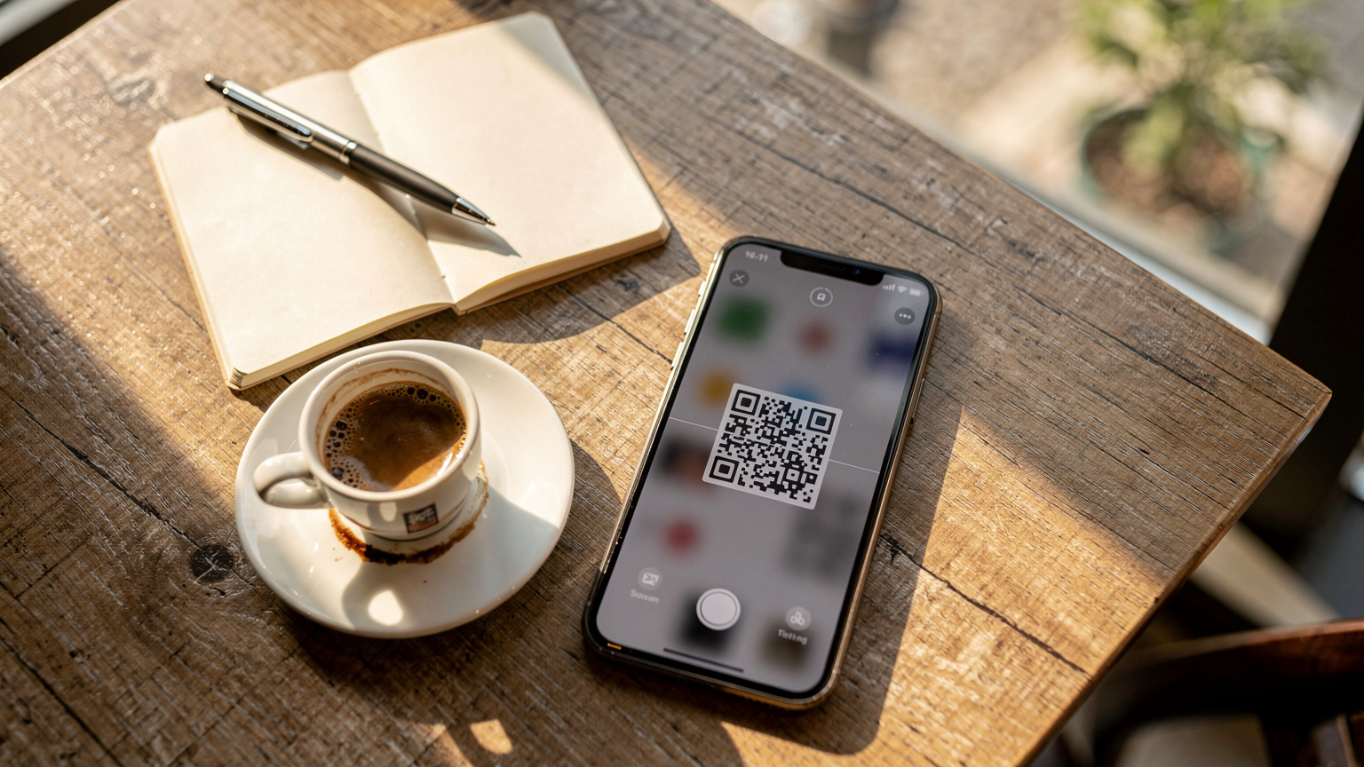 Bir kafenin penceresinden süzülen sabah ışığında, bir masanın üzerinde duran açık bir telefon ekranı, QR kod tarama arayüzünü gösteriyor. Ekranın yanında bir kahve bardağı ve küçük bir defter bulunuyor.