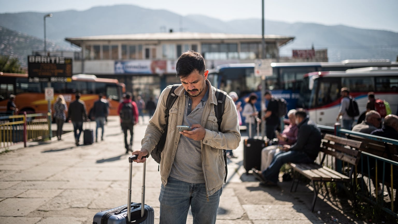 Ein Reisender blickt besorgt auf sein Telefon, während er an einem belebten Busbahnhof in Pristina steht, umgeben von Menschen, die auf Busse warten, und scharfem Tageslicht.