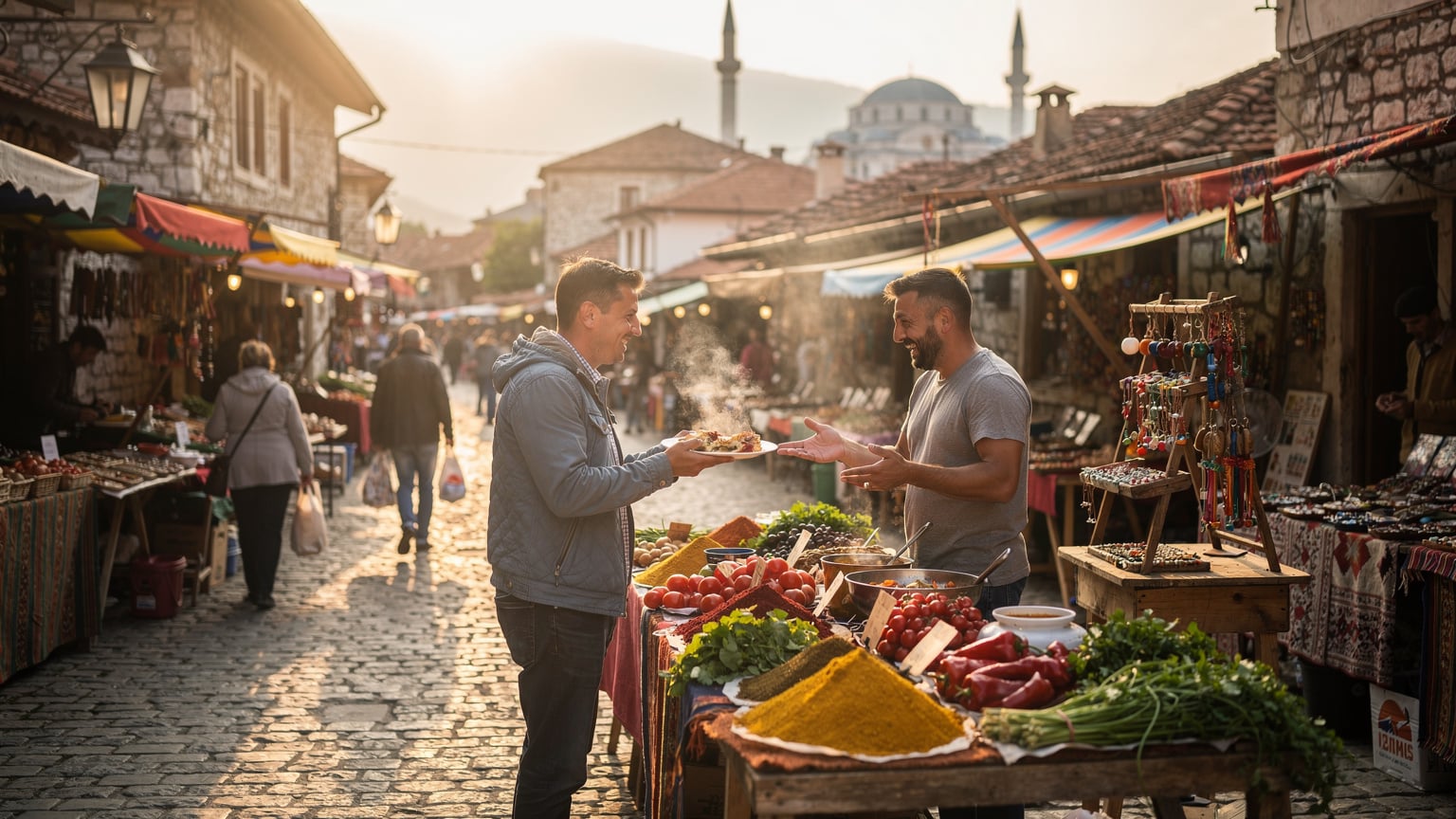 Ein lebhafter Marktstand in der Altstadt von Prizren mit bunten Gewürzen und lokalen Handwerksprodukten, ein Verkäufer unterhält sich mit einem Kunden im warmen Licht.