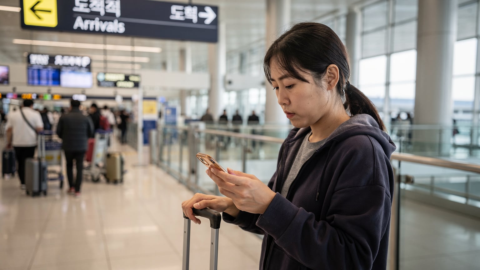 一名旅客在首尔金浦国际机场的抵达大厅，焦急地看着手机屏幕，背景是熙熙攘攘的人群和指示牌。