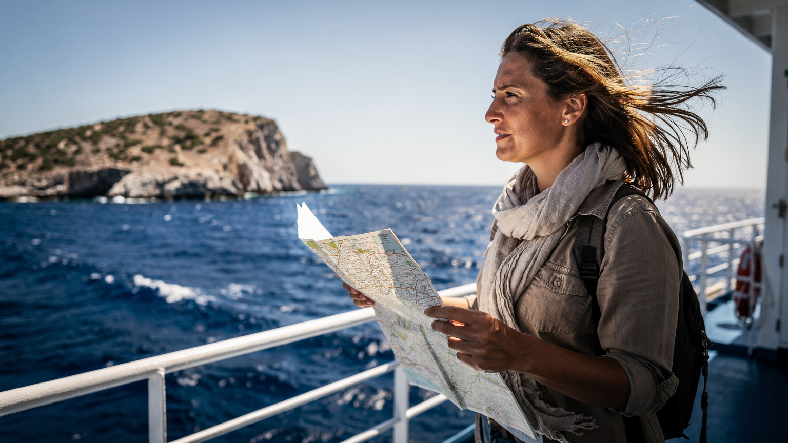 Traveller standing on the deck of a ferry between Greek islands, looking at the horizon, holding a paper map, no phone