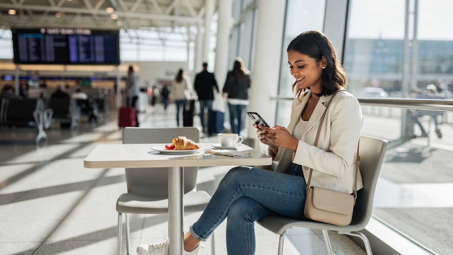 Woman in US airport cafe, smiling at smartphone screen, symbolizing affordable eSIM connectivity for Thanksgiving travel.