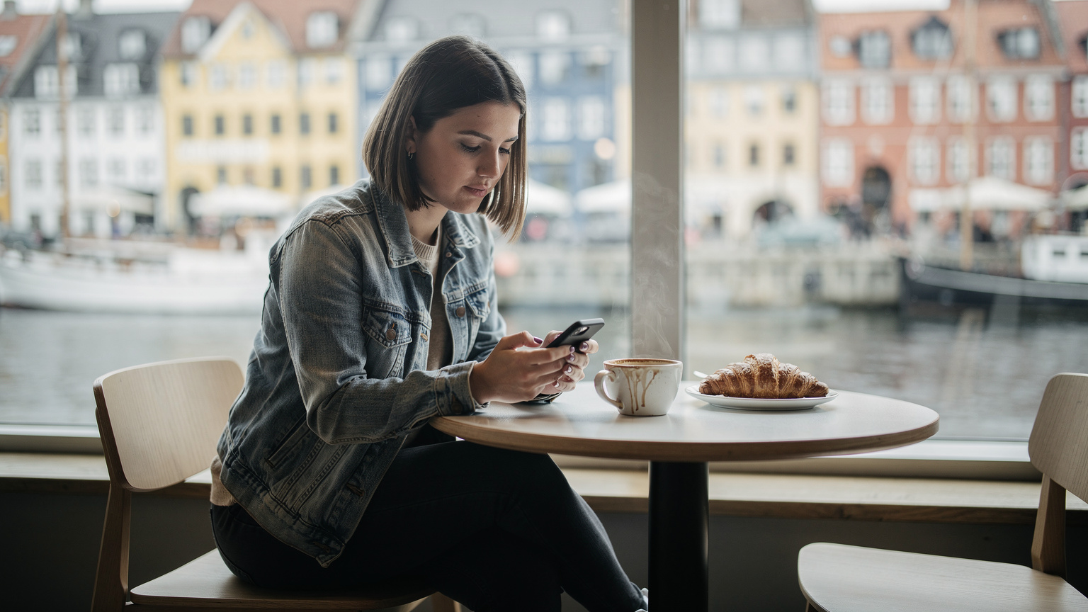 Woman in Copenhagen cafe using smartphone, Nyhavn visible through window, preparing for travel with eSIM.