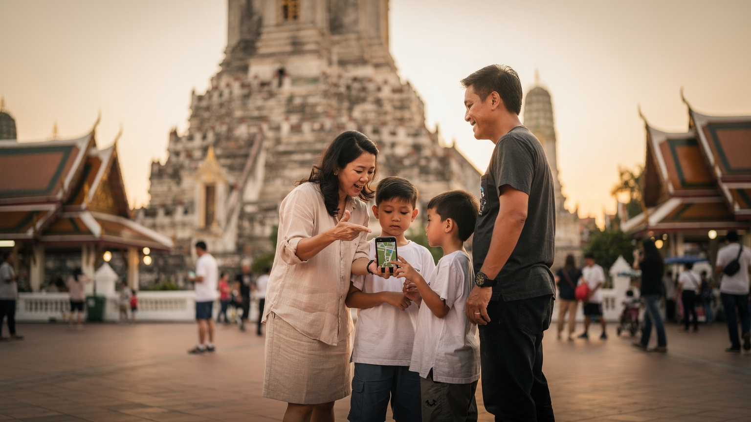 Thai family at Wat Arun, mother holding phone, sharing a moment with children, golden hour, travel tech.
