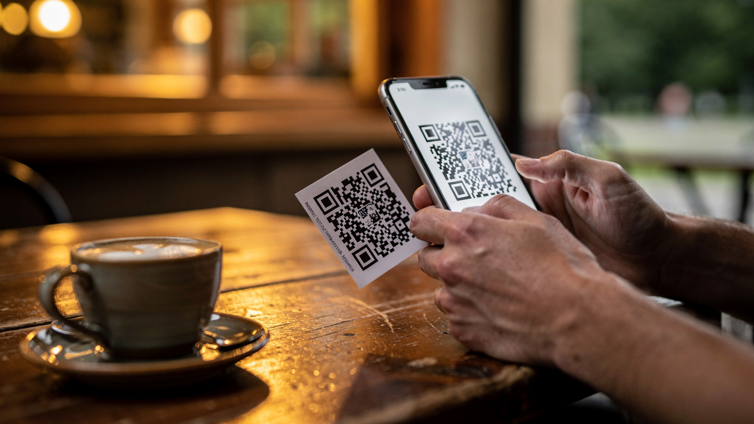 Ruční aktivace eSIM v kavárně na Letné, telefon v ruce, QR kód na papíře, šálek kávy