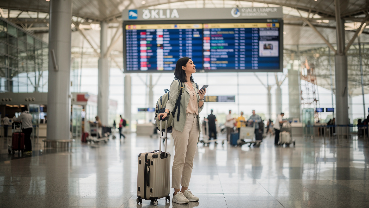 Malaysian woman at KLIA departure hall contemplating phone, looking at Seoul flights, deciding between eSIM and roaming.