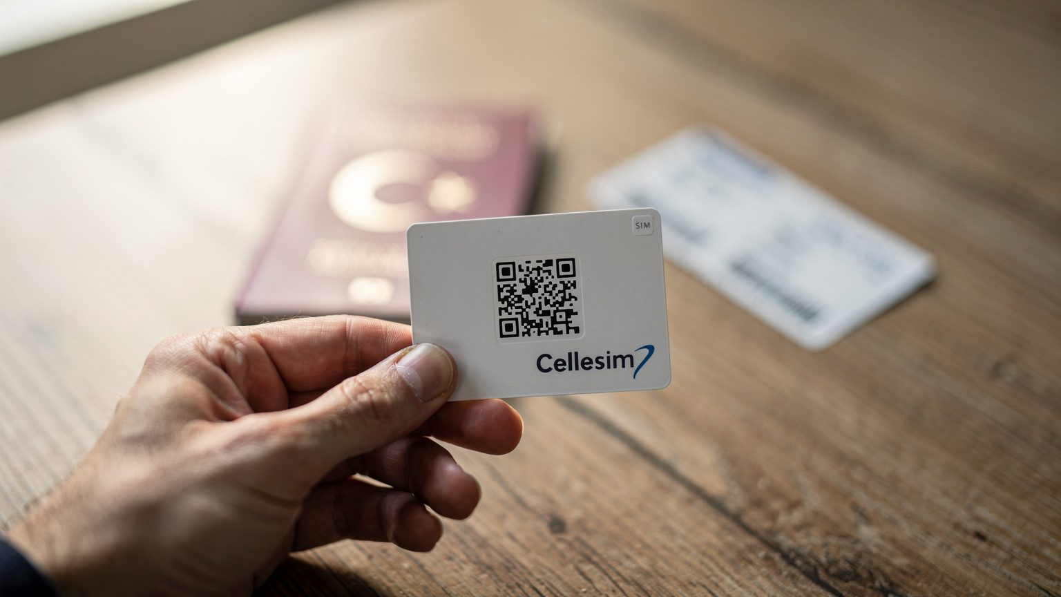 Elinde bir Cellesim eSIM QR kodu kartı tutan bir kişinin yakın çekim eli, arka planda bulanık bir şekilde pasaport ve uçak bileti görülüyor. Bu, yurt dışına çıkmaya hazırlık anını yakalıyor.