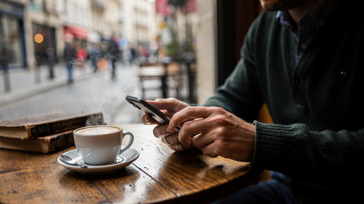 Bir seyahat blog yazarı, Paris'in Quartier Latin bölgesindeki tipik bir kafede telefonundaki eSIM ayarlarını gözden geçiriyor, arka planda bir kâse kahve ve eski bir kitap var.