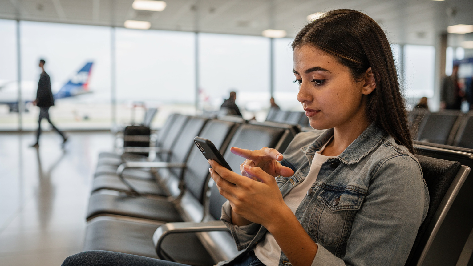 Bir havaalanı bekleme salonunda, bir genç kadın akıllı telefonunda bir QR kodunu tarayarak eSIM kurulumu yapıyor. Telefon ekranı görünmüyor, sadece ellerinin hareketi ve odaklanmış yüz ifadesi var. Arkada diğer yolcuların silüetleri bulanık bir şekilde görülüyor.