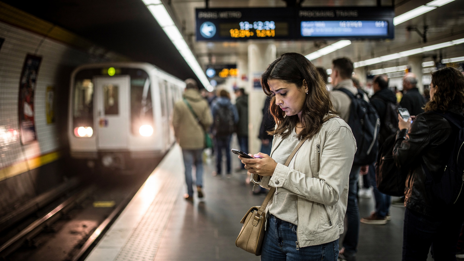 Kalabalık bir Paris metrosu istasyonunda, perondaki dijital ekranların önünde duran genç bir kadın, hafifçe endişeli bir ifadeyle elindeki akıllı telefonuna bakıyor. Metro treni perona yanaşmak üzere, arka plan bulanık ve hareketli.