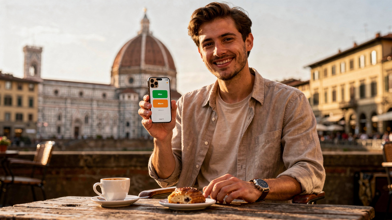 Traveler in Florence uses dual eSIM iPhone at cafe with Duomo view, showcasing seamless global connectivity.