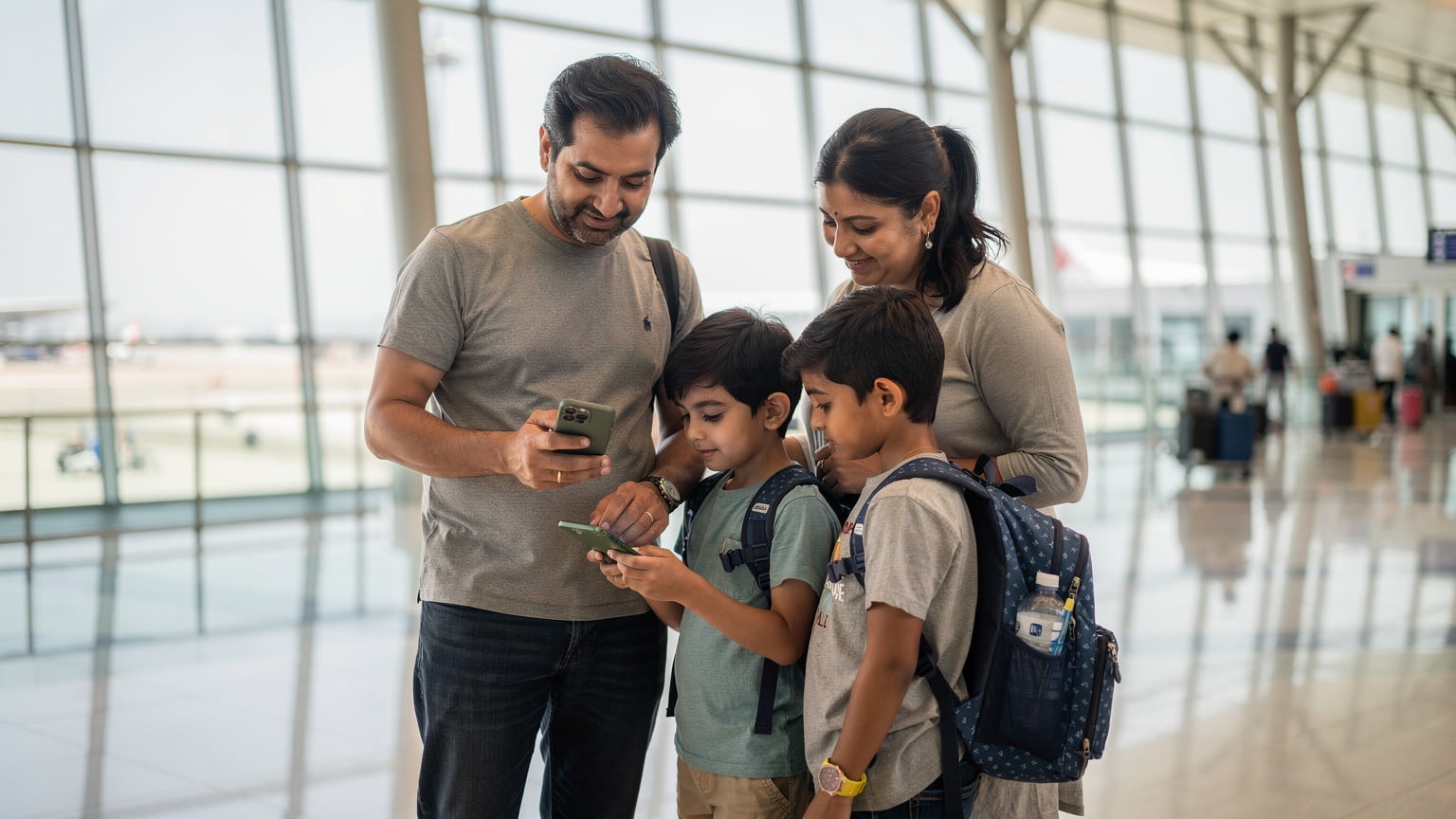 दिल्ली IGI हवाई अड्डे पर एक परिवार यात्रा से पहले अपने iPhones पर eSIM सेटिंग्स की जांच कर रहा है।