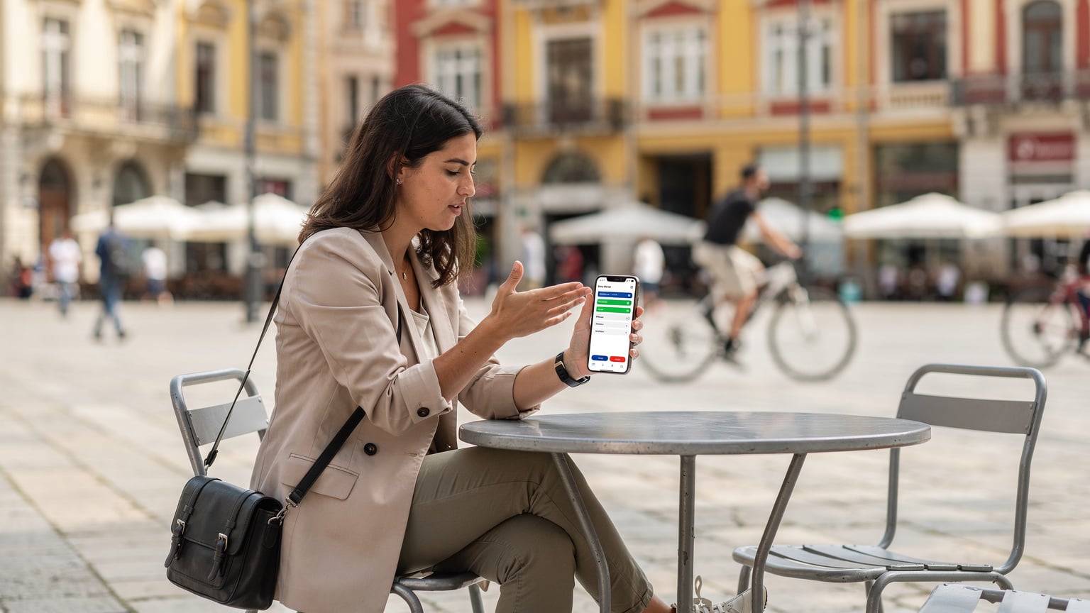 Woman checking phone on Skanderbeg Square, Tirana, Albania, illustrating avoiding roaming charges while traveling.