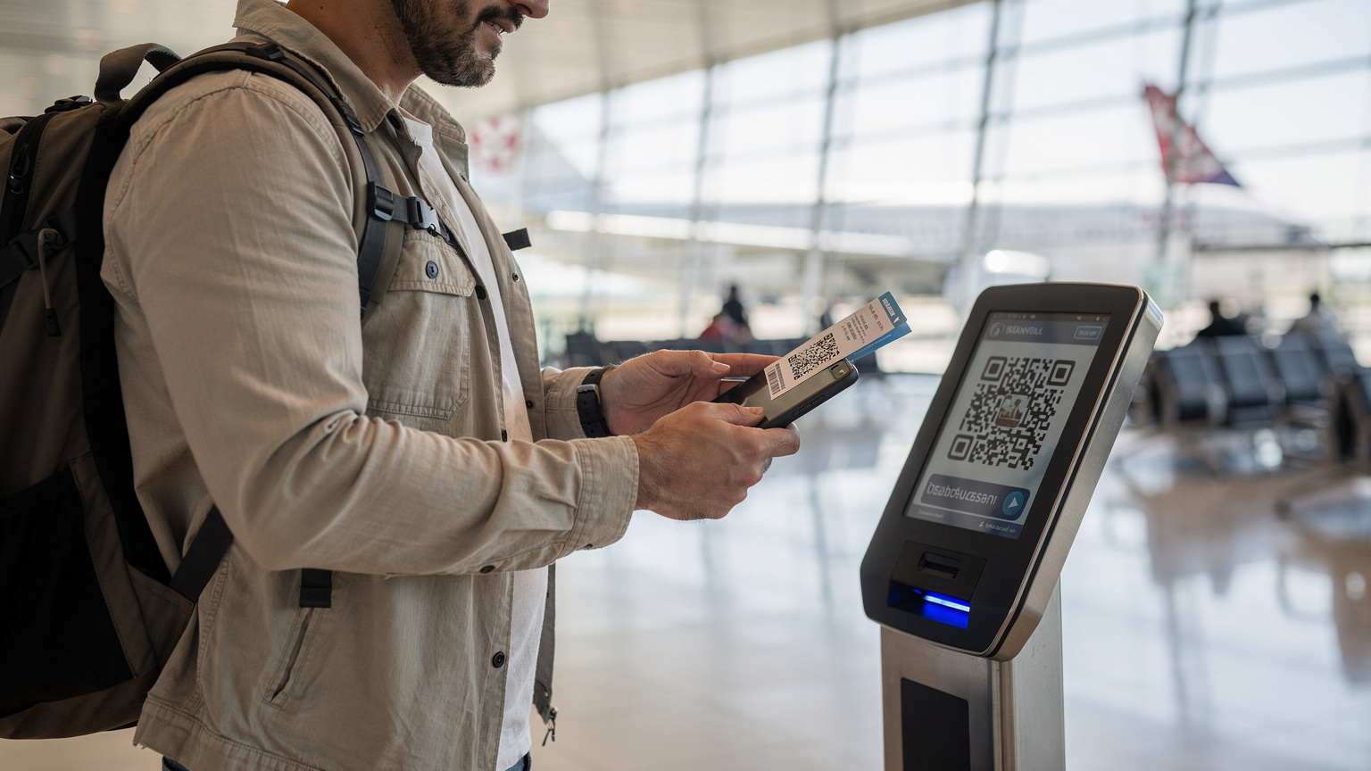İstanbul Havalimanı'nda, bir yolcu uçağa binmek üzereyken elindeki iPhone'da QR kod tarıyor, arka planda uçağın kuyruğu görünüyor.