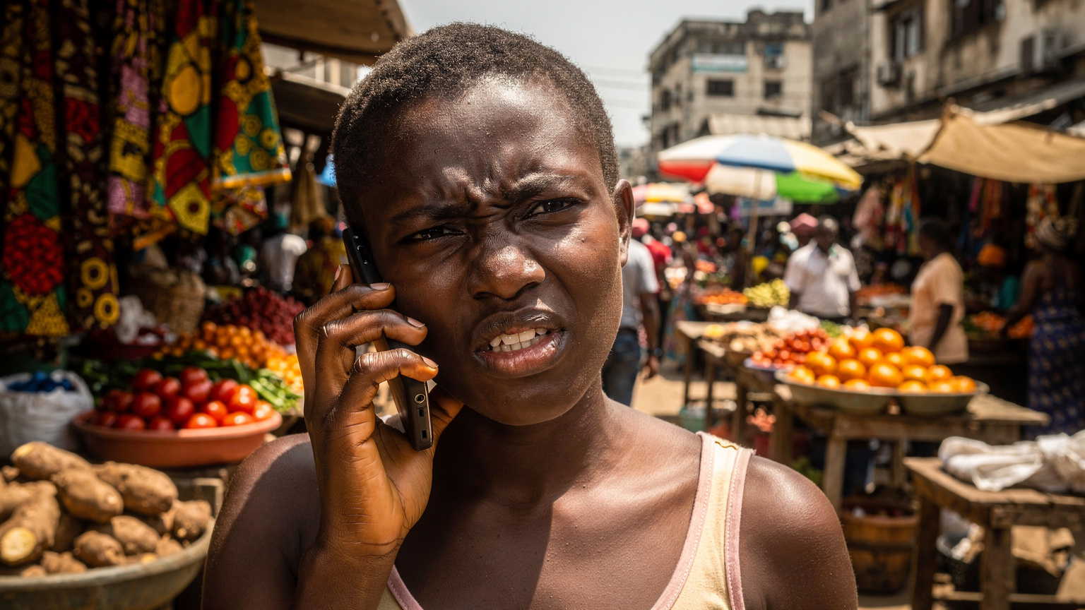 Frustrated woman struggles with phone reception in a bustling Lagos market, Balogun Market.