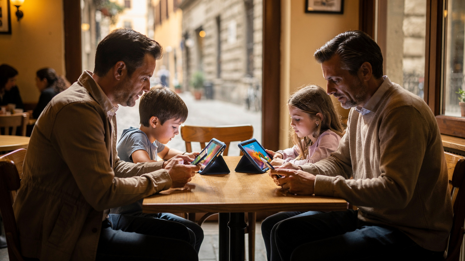 Yurt dışı bir kafede, ailece otururken anne ve baba akıllı telefonlarından internette gezinirken, çocuklar tabletlerinde çizgi film izliyor, masada şarj aletleri ve içecekler duruyor.