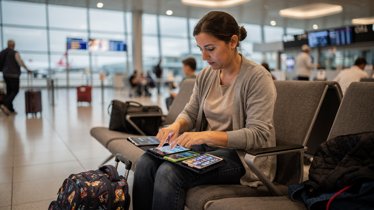 Bir havaalanı terminalinde, genç bir anne koltukta otururken çocuklarının tabletlerine ve telefonlarına indirilmiş uygulamaları ve filmleri kontrol ediyor, bavullar yanında duruyor.